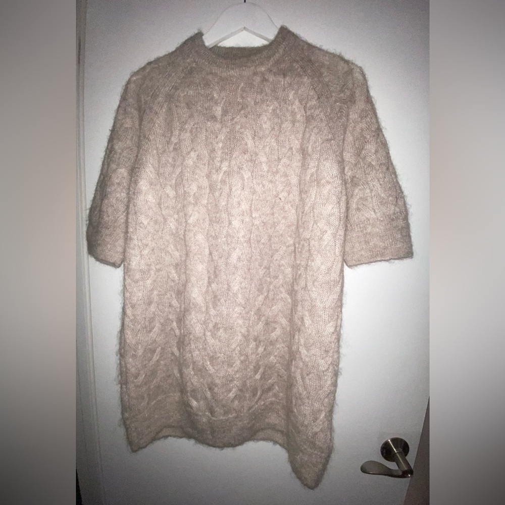 COS Women's Fluffy Soft Beige Tan Cable Knit Mohair Wool Blend Sweater L LARGE